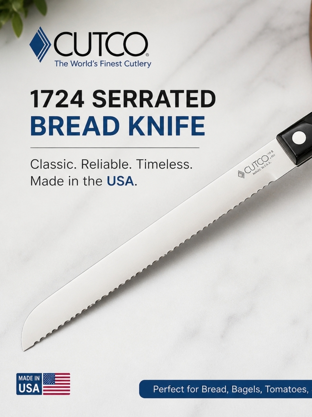 Cutco 1724 Serrated Bread Knife 9.75” Classic Handle USA